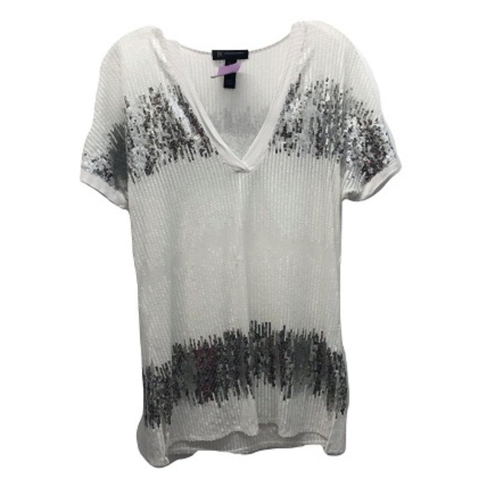 INC White Sequined Sheer V-Neck Blouse, Size S